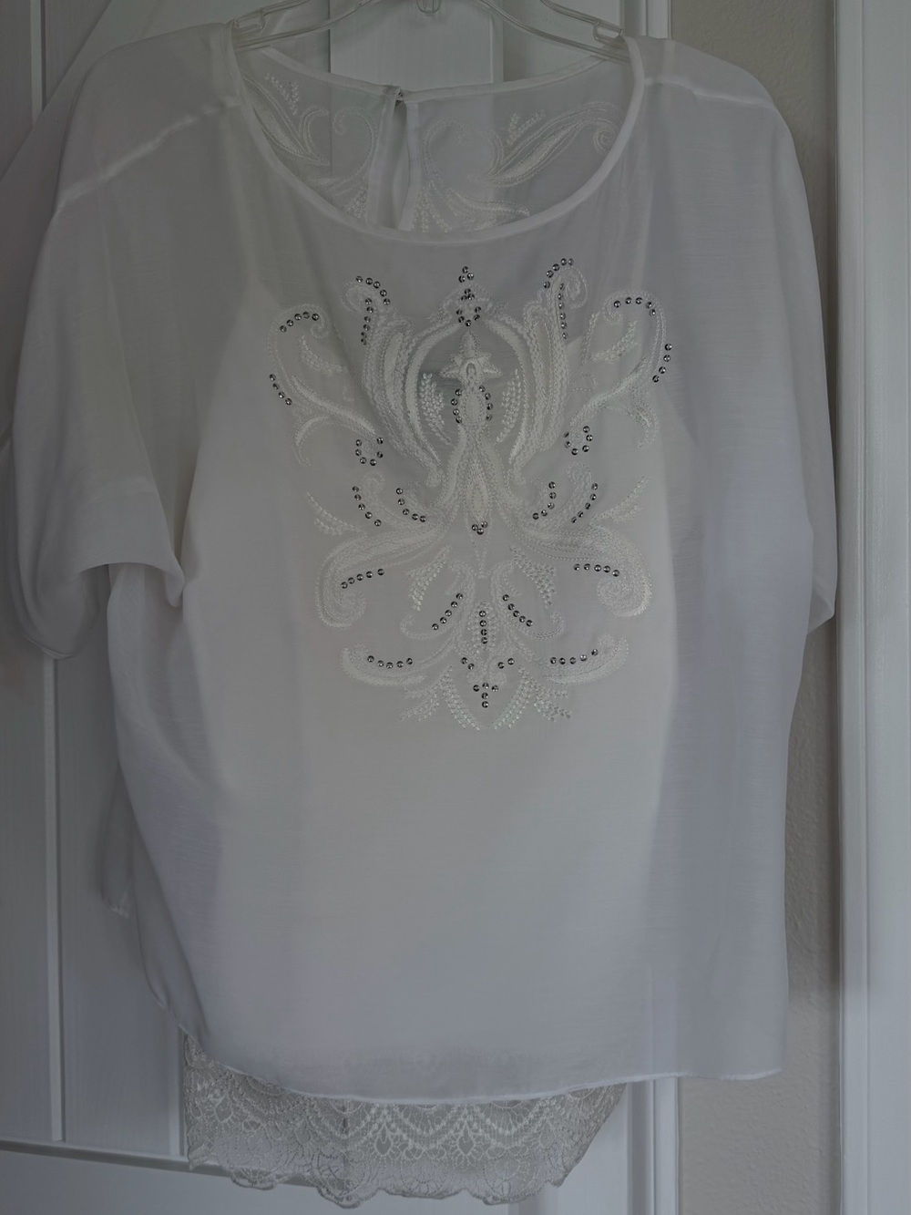 White House Black Market White Embellished Lace-Hem Short Sleeve Top